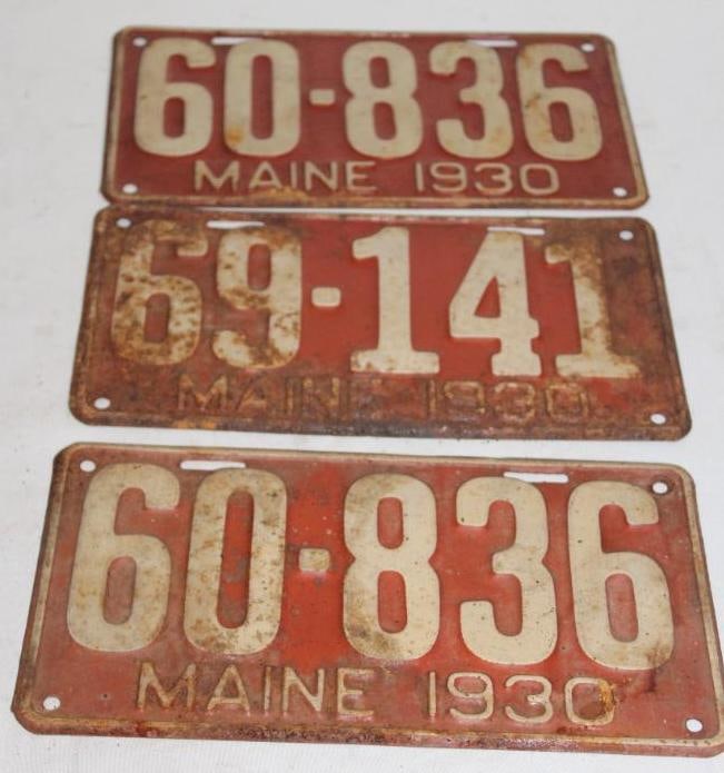 Group of 3 1930 Maine ME License Plates: 11" x 6"; 1 pair & 1 single