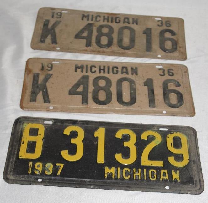 Group of 3 1936 & 1937 Michigan MI License Plates (1 of 5)