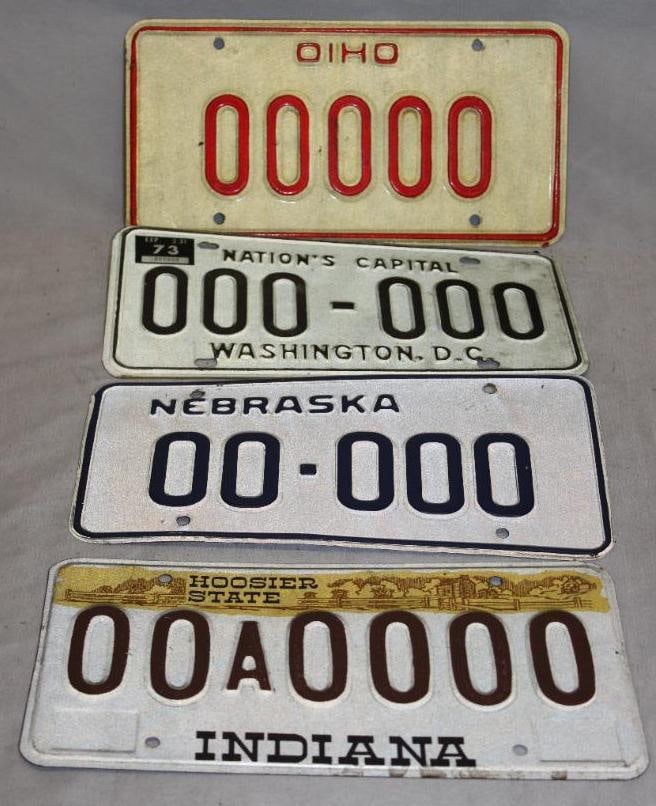 Group of 4 Indiana, Washington DC, Ohio, Nebraska Sample License Plates (1 of 4)