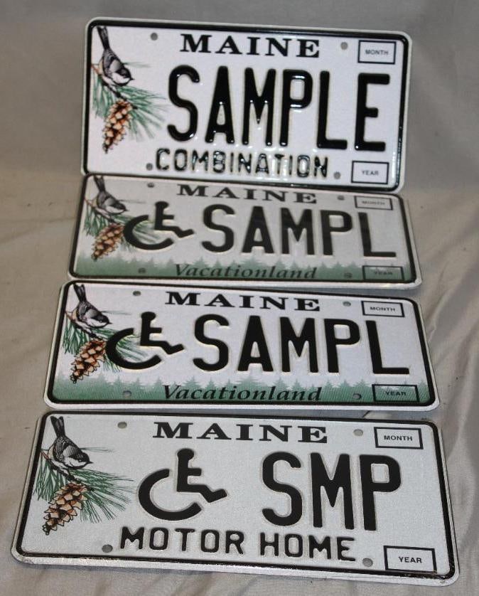 Group of 5 Maine ME Sample License Plates Chickadee: 12" x 6"; Combination, Handicapped Motorhome