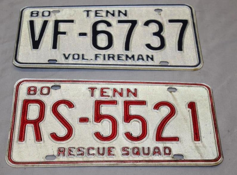 Group of 2 1980 Tennessee TN License Plates Rescue Squad and Firefighter (1 of 4)