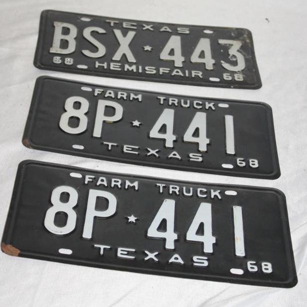 Group of 3 1968 Texas License Plates Hemisfair & Farm Truck (1 of 5)