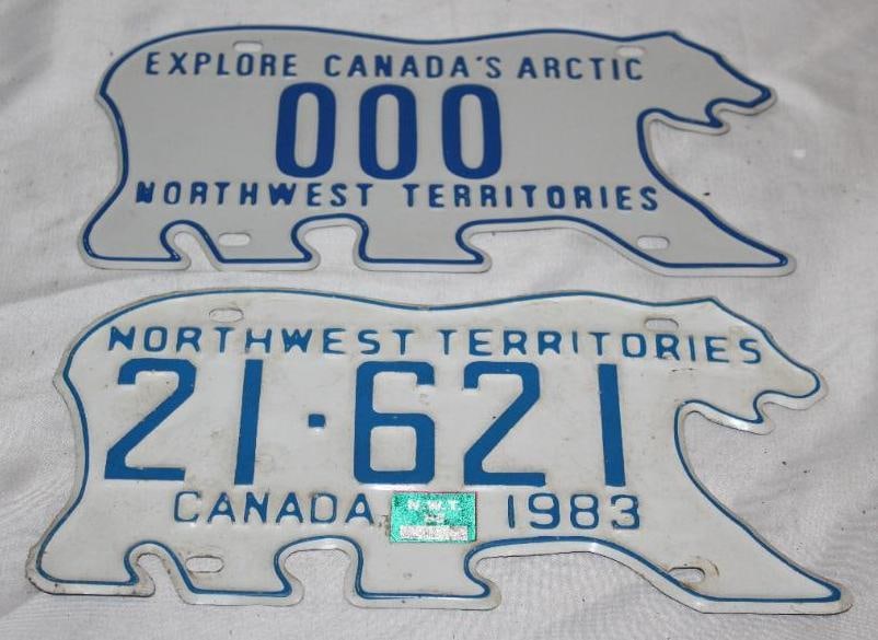 Group of 2 Northwest Territories Canada License Plates Polar Bear Die-Cut: 12" x 6"; 1983 & Sample