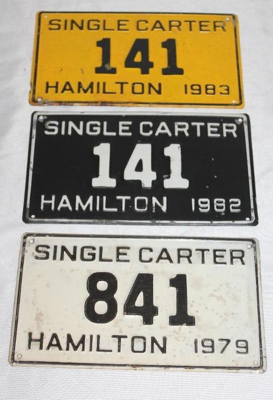 Group of 3 1970's-1980's Single Carter Hamilton Canada License Plates: 8" x 5"