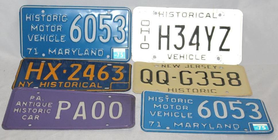 Group of 6 Pennsylvania, Ohio, New Jersey, Maryland, New York Antique Automobile License Plates: 12" x 6"
