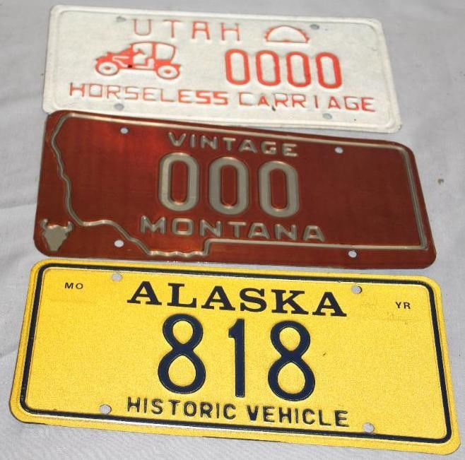 Group of 3 Utah, Montana, Alaska Antique Automobile License Plates, Sample: 12" x 6"