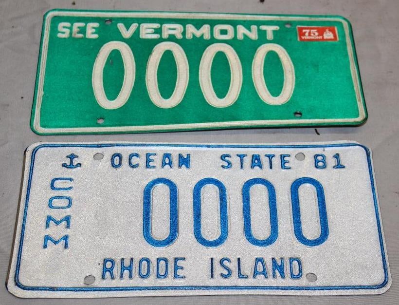 Group of 2 Vermont & Rhode Island Sample License Plates: 12" x 6"
