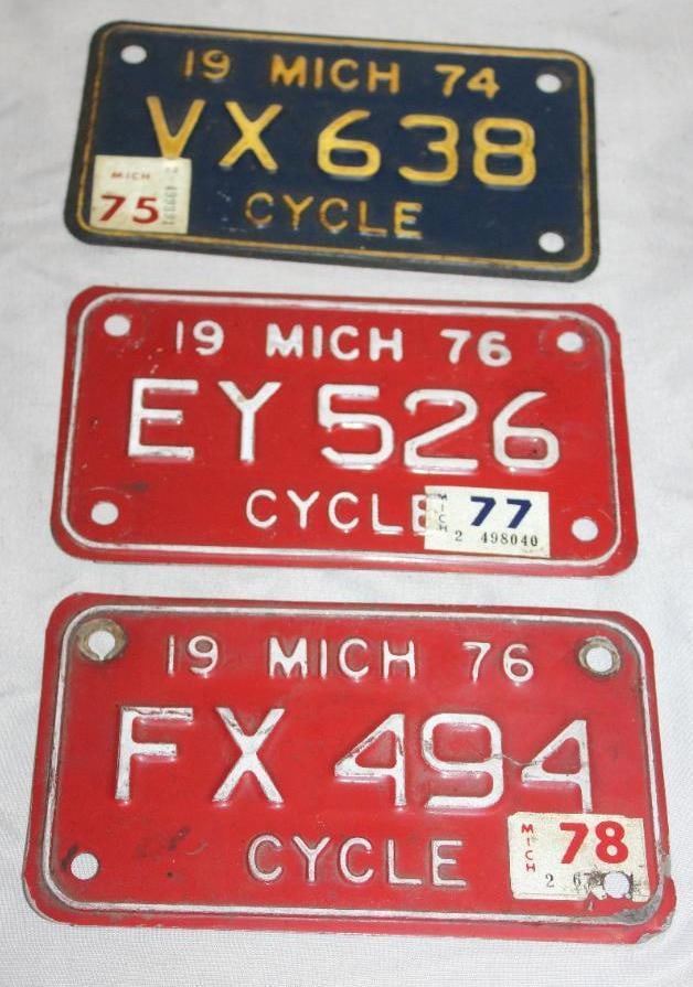 Group of 3 1974 & 1976 Michigan MI Motorcycle License Plates (1 of 5)