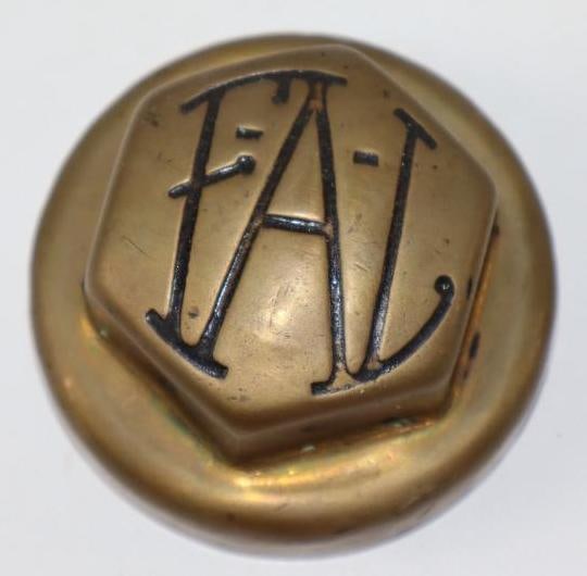 F-A-L Fauntleroy Averill Lowe Brass Automobile Threaded Hubcap: 3" diameter
