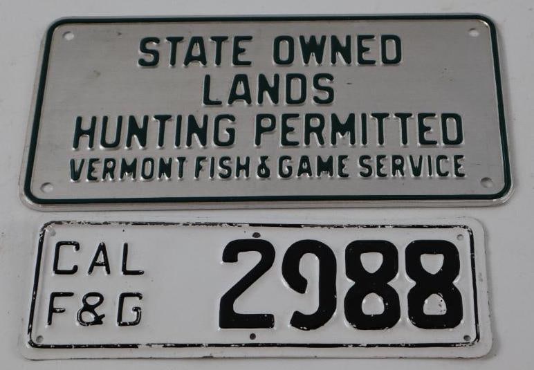 Group of 2 State of Vermont & California Fish & Game License Plates: 10" x 5" is largest