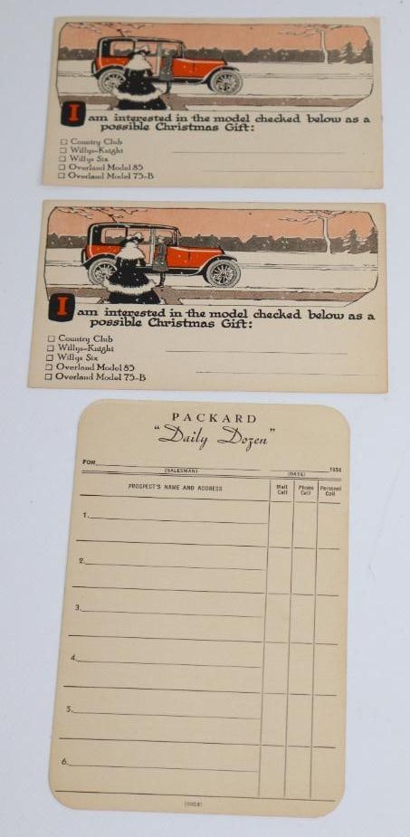 Group of 3 Willy's Knight Overland Packard Postcards and Daily Dozen Reminder: largest 6.25" x 4.25"