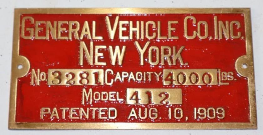 1910's Brass General Vehicle Co Inc Serial Data Tag (1 of 2)
