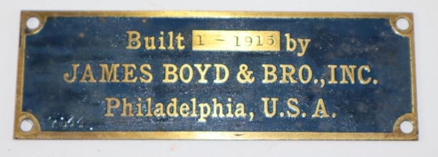 1915 Brass James Boyd & Bro Inc Fire Apparatus Serial Data Tag (1 of 2)