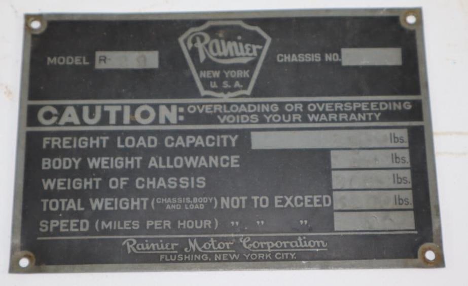 1905-1907 Rainier Motor Corp Serial Data Tag (1 of 2)