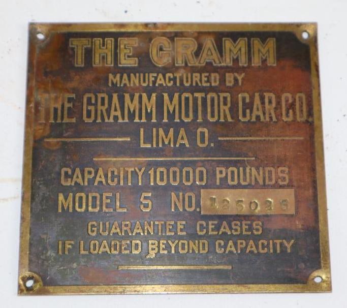 1910-1913 Brass The Gramm Motor Car Co Serial Data Tag (1 of 2)