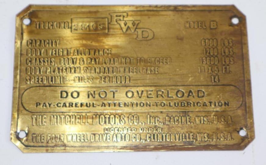 1904-1910 Brass FWD Mitchell Car Co Inc Serial Data Tag (1 of 2)