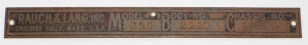 1920-1932 Brass Rauch & Lang Inc Serial Data Tag (1 of 2)