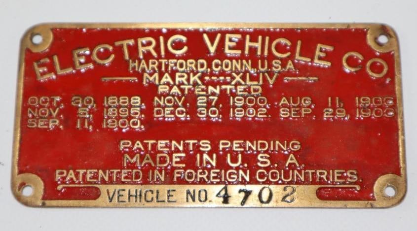 1905 Brass Electric Vehicle Company Serial Data Tag (1 of 2)