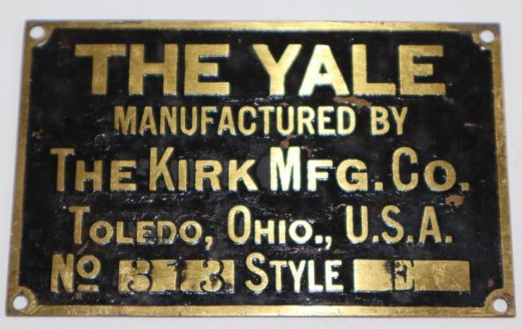 1903 Brass The Yale Mfg by Kirk Mfg Co Serial Data Tag (1 of 2)