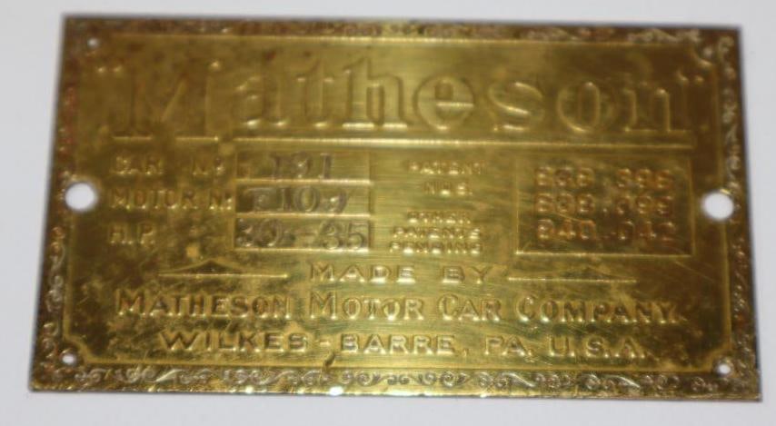 1906-1912 Brass Matheson Motor Car Co Serial Data Tag (1 of 2)