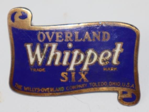 1927-1928 Willy's Overland Whippet 6 Radiator Emblem Badge: cloisonne, 2" x 1"
