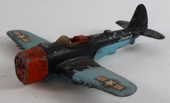 Hubley WWII Cast Aluminum Toy Airplane: Folding Wings, Missing Propeller. 12" x 10" x 2"
