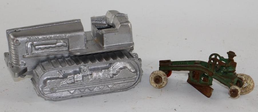 Group of 2 Cast Iron Bulldozer and Grader: The grader is missing a couple wheels. The largest is 6.5" x 4.5" x 3.5"