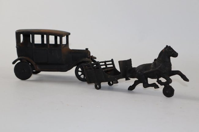 Group of 2 Cast Iron Reproduction Toys; Horse, Buggy, Car (1 of 5)