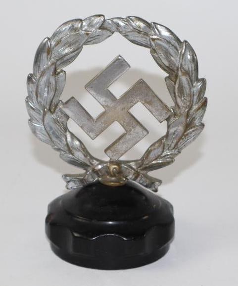 German Wreath Radiator Mascot Hood Ornament: 3.5" x 4.5"; Mounted to Bakelite Cap
