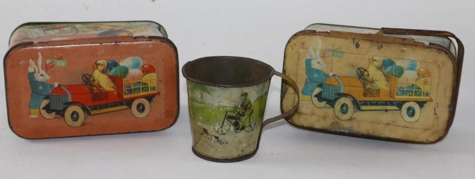 Group of 3 Children's Tins and Cup w/ Early Car Advertising (1 of 3)