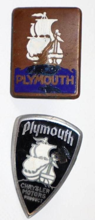 Group of 2 1929-1937 Chrysler Plymouth Radiator Emblem Badges: cloisonne, both have touch ups, largest 1.5" x 2"