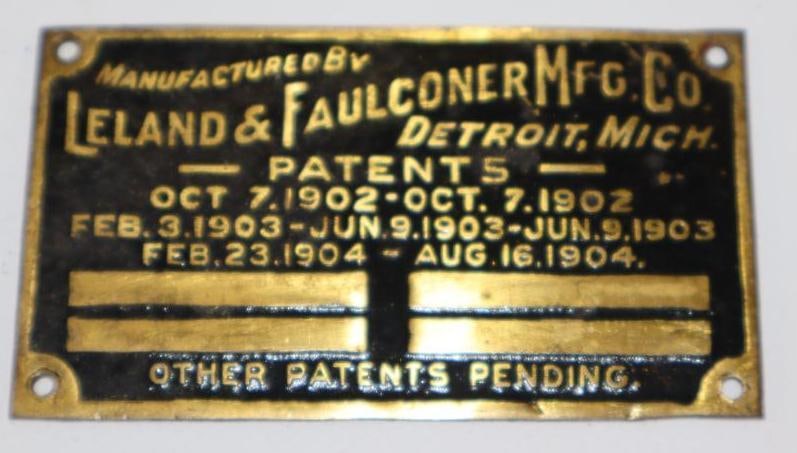 1904-1905 Brass Leland & Faulconer Mfg Co Serial Data Tag (1 of 2)