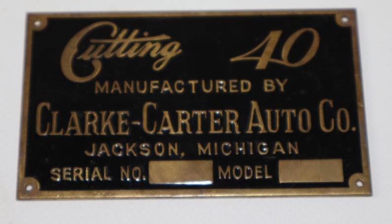 1909-1912 Brass Cutting 40 Clarke-Carter Auto Co Serial Data Tag: 3.5" x 2"