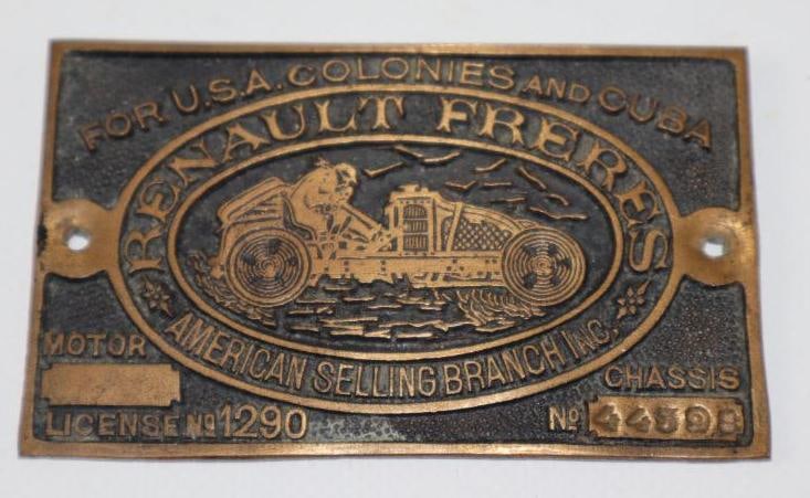 1920's Brass Renault Freres American Selling Branch Inc Serial Data Tag (1 of 2)