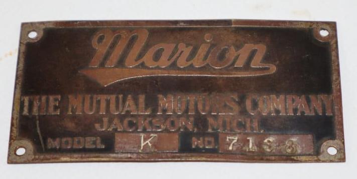 1914-1915 Marion The Mutual Motors Co Serial Data Tag (1 of 2)