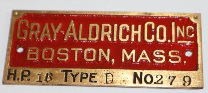 1910's Brass Gray-Aldrich Co Inc Serial Data Tag (1 of 2)