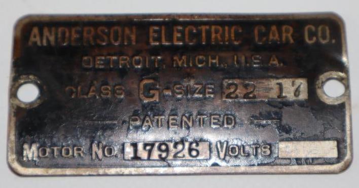1911-1919 Anderson Electric Car Co Serial Data Tag: 3" x 1.5"