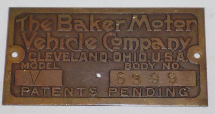1908-1910 Brass The Baker Motor Vehicle Co Serial Data Tag (1 of 2)