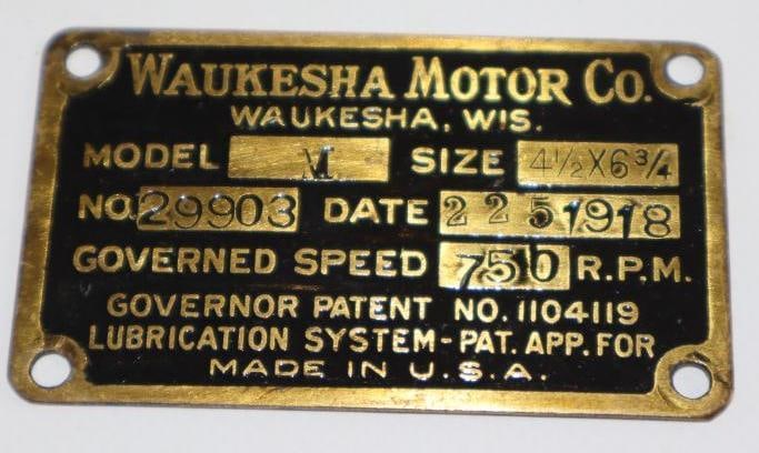 1910's Brass Waukesha Motor Car Co Serial Data Tag (1 of 5)
