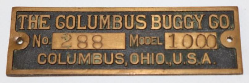 1907-1908 Brass The Columbus Buggy Co Serial Data Tag (1 of 2)