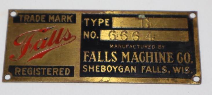 Early Brass Falls Machine Co Serial Data Tag: 3" x 1"