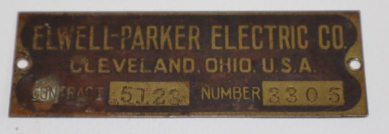 1906-1908 Brass Elwell-Parker Electric Co Serial Data Tag (1 of 2)