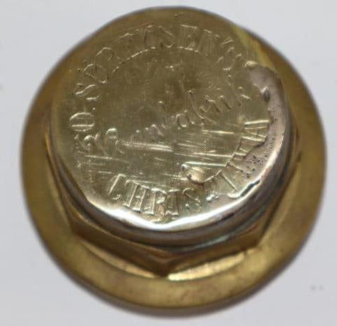 O. Sorensen's Vognfabrik Brass Automobile Threaded Hubcap: 1.5" diameter