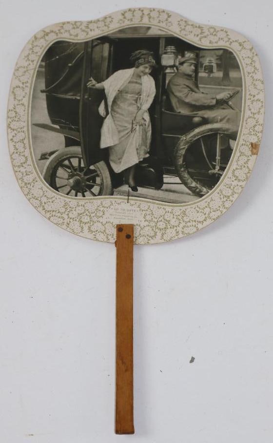 1911 Advertising Fan from Madsen & Allen Co w/ Lady Exiting Car: 15" x 8"