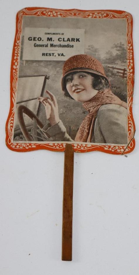 Geo. M. Clark General Merchandise Advertising Fan w/ Lady Driving Early Convertible: 15" x 7"