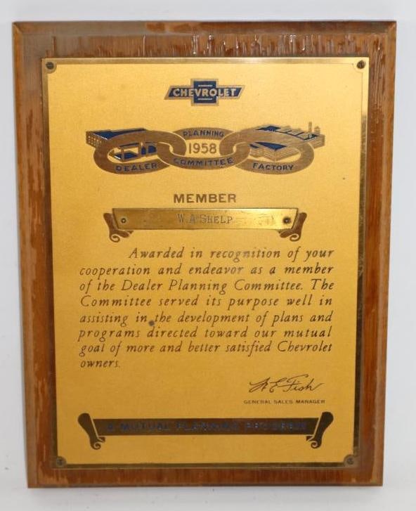 1958 Chevrolet Dealer Factory Planning Committee Achievement Plaque: 8" x 10"