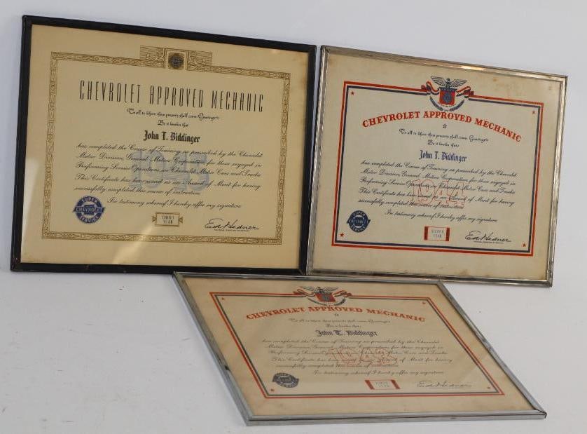 Group of 3 Chevrolet Approved Mechanic Certificates 1943, 1944, 1945: 14" x 11"