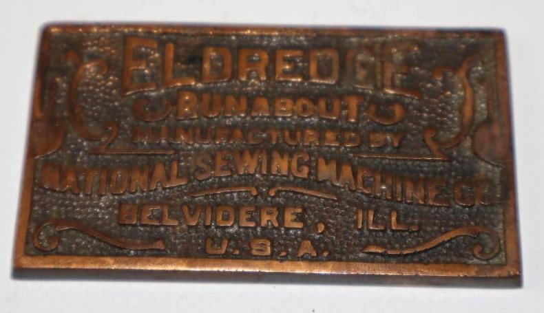1904 Brass Eldridge Runabout National Sewing Machine Co Serial Data Tag (1 of 2)