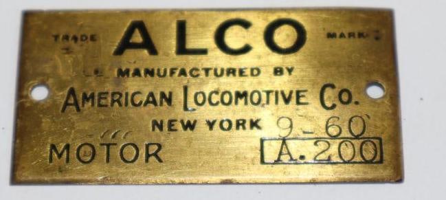1909-1913 Brass Alco American Locomotive Co Serial Data Tag: 2.25" x 1.25"