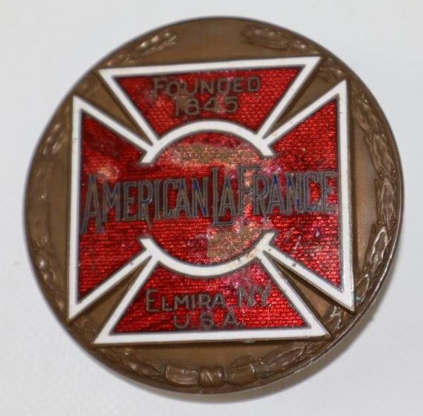 1919-1927 American La France Firetruck Radiator Emblem Badge: cloisonne, 3" diameter